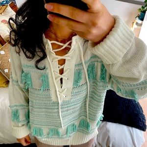 Margaret O’Leary blue and white cross tie knit sweater